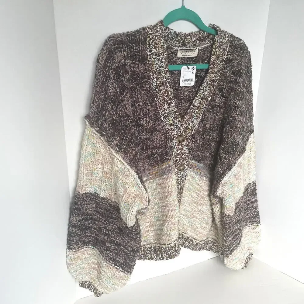 Free People Isabella Cardigan Chunky Knit Slouchy Brown Cream Patchwork L